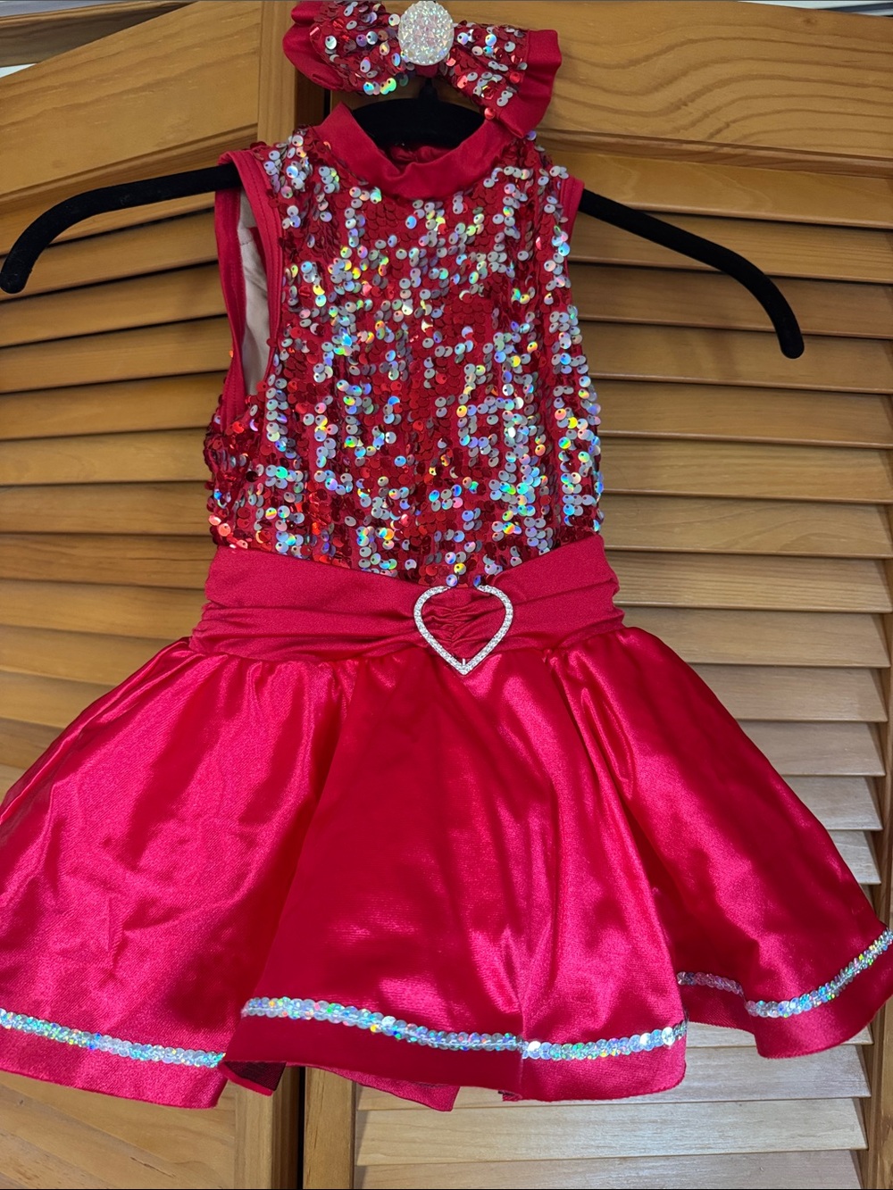 Girls Sparkle Red Sequin Dance Costume with Heart Waist Accent
